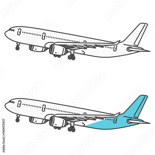 イラスト素材:海外旅行・国際線・長距離路線の旅客機/飛行機、着陸態勢 (自由に色変更OK!
