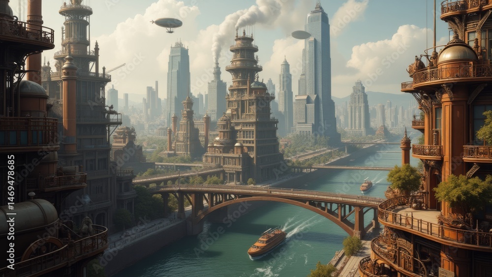 Naklejka premium Steampunk Metropolis Futuristic Cityscape with Airships and Canals