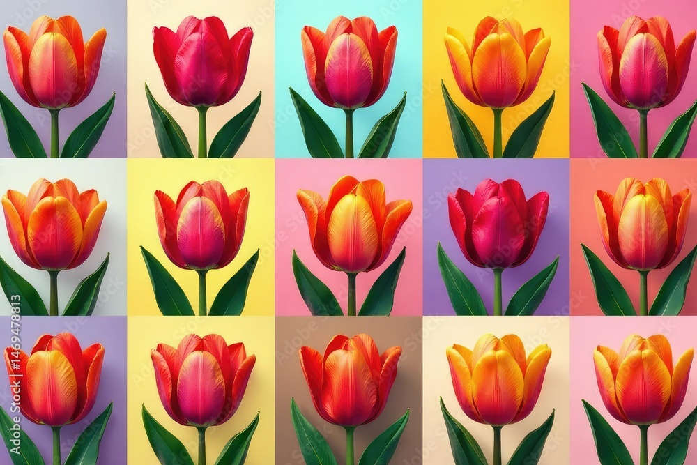 Fototapeta premium Bold tulip motifs arranged in a square grid, vibrant colors , geometric design, square pattern, plant