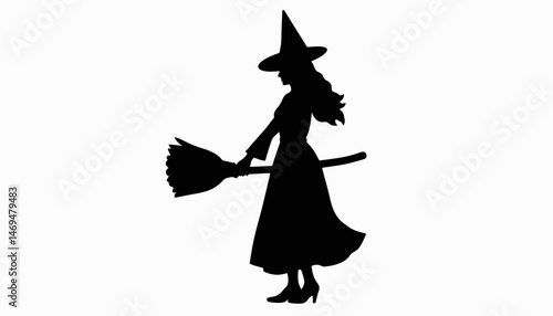 Silhouette of a witch holding a broomstick on a white background, Halloween symbol