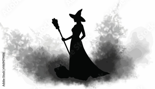 Witch silhouette casting spells in mystical smoke, Halloween magic