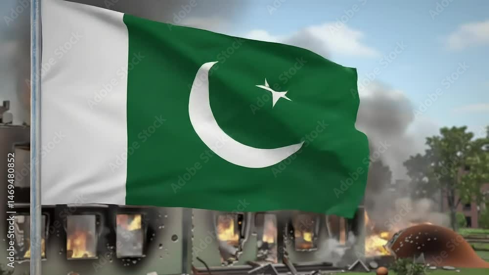 india pakistan war, india vs pakistan, pakistani flag on the foreground and bomb attack in the bacground, indian war scene