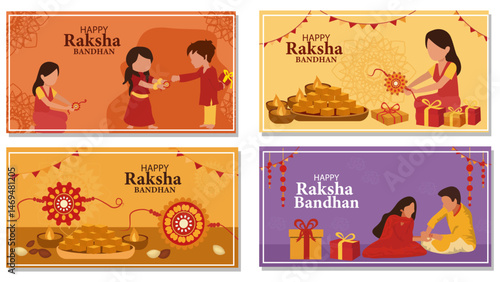 Happy Raksha Bandhan Horizontal Banner Set - Rakhi Celebration Illustrations