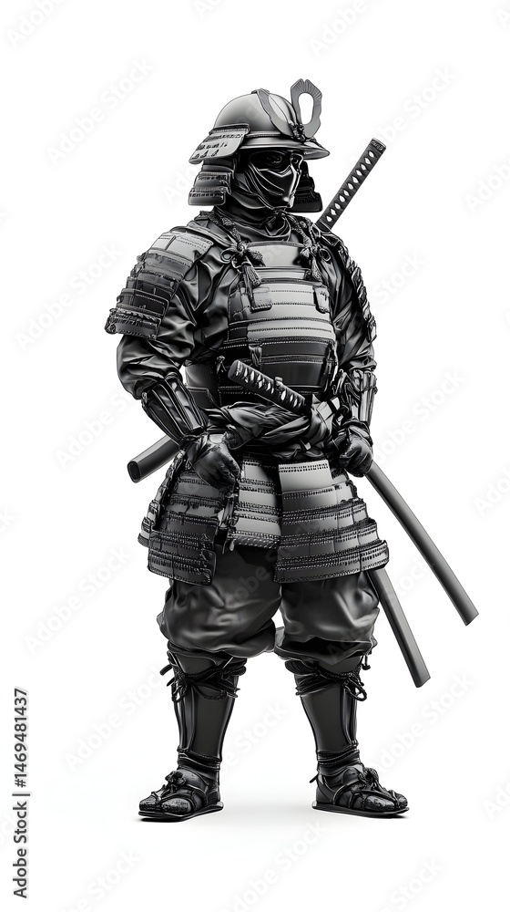 A fully armored samurai stands with two swords strapped to his back, his helmet obscuring his face A fully armored samurai stands with two swords strapped to his back, his helmet obscuring his face