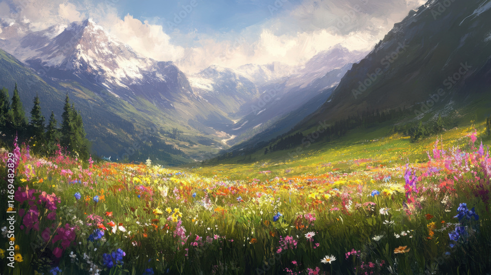 Fototapeta premium A serene mountain meadow with vibrant wildflowers and a gentle breeze moving through the air.