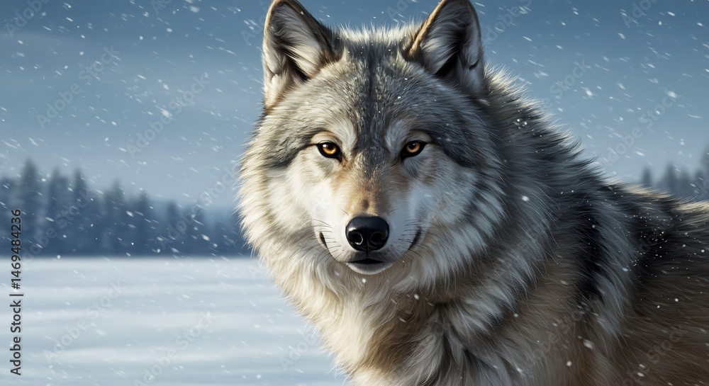 Fototapeta premium Winter Wolf: Majestic Gaze, Snowfall Serenity AI Generated