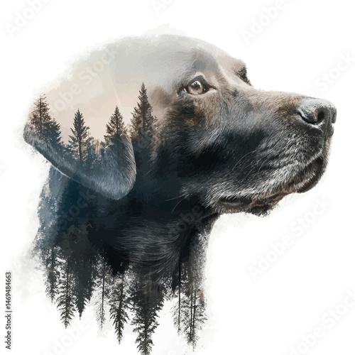 double exposure portrait of a labrador retriever with forest on a white background