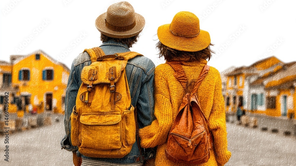 Obraz premium Couple traveling with backpacks exploring vibrant city streets beautiful urban environment outdoor view