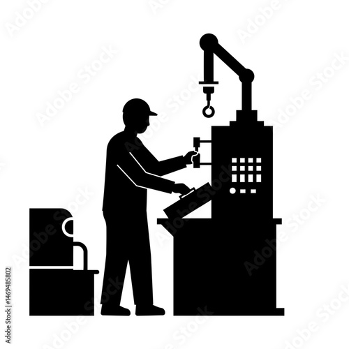 Precision in Production: A silhouette of a worker at the control panel of a industrial machine, focusing on the interplay of human precision and technological innovation.