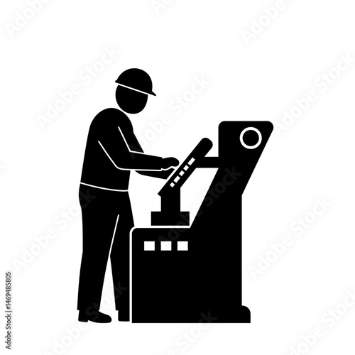 Mechanical Oversight: A silhouette of a dedicated factory worker intently operating a heavy-duty machine, exemplifying precision and industrial efficiency.