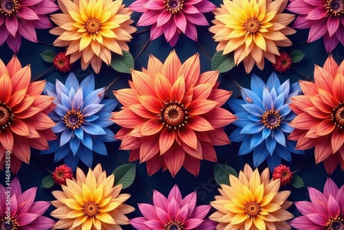 Intricate dahlia blooms in vibrant hues form a repeating pattern , background, floral design