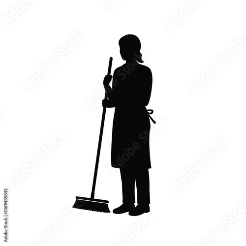 Cleaning Silhouette: A poised silhouette of an individual, diligently wielding a broom in a display of professional cleanliness, against an undefined background.