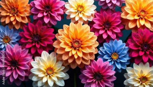 Intricate dahlia blooms, vibrant colors, repeating pattern, leaves, autumn