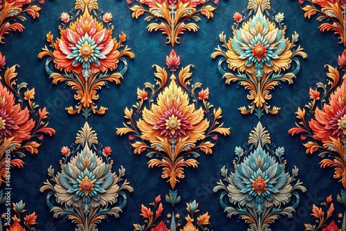 Intricate floral damask pattern, elegant swirls and leaves , repeat, floral