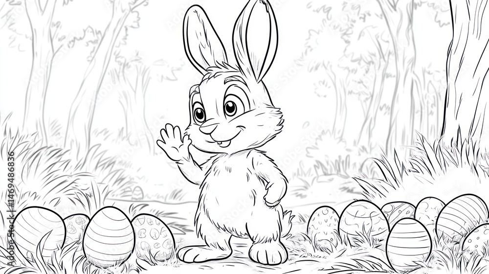 Obraz premium Easter bunny waving, forest background, eggs, coloring page