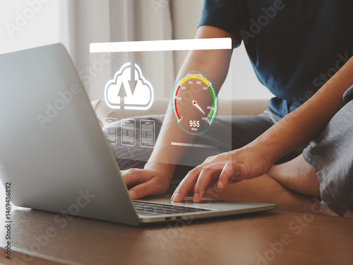 High speed internet connection with internet speed test, to send data on cloud or online server database on high speed internet on your laptop, high speed internet concept.