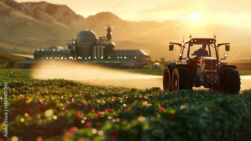 A red agricultural tractor, a heavy machine used in farming, works the soil in a rural field under the sky