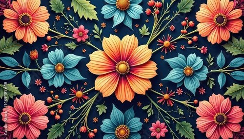 Intricate floral textile design, repeating motif, monochrome, leaf