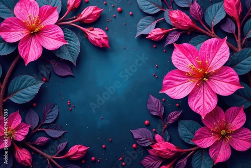 Intricate fuchsia blossoms & leaves, vibrant textile print , illustration, bloom, bright