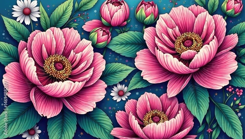 Intricate line art peonies, continuous design , floral, vintage, pattern