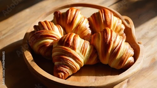 Golden Croissants Piled on Wooden Tray Still Life