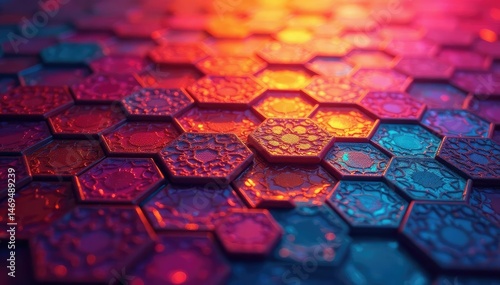 Intricate tessellated hexagons in vibrant hues, art, surface