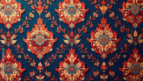 Large-scale damask, bold repeating motif, rich color, traditional, leaf