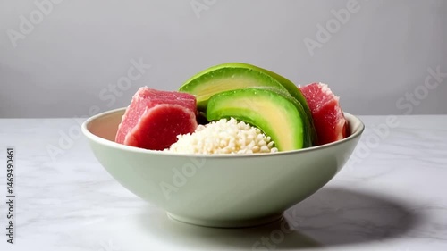 Preparing Fresh Poke Bowl with Tuna Avocado and Rice in Bowl