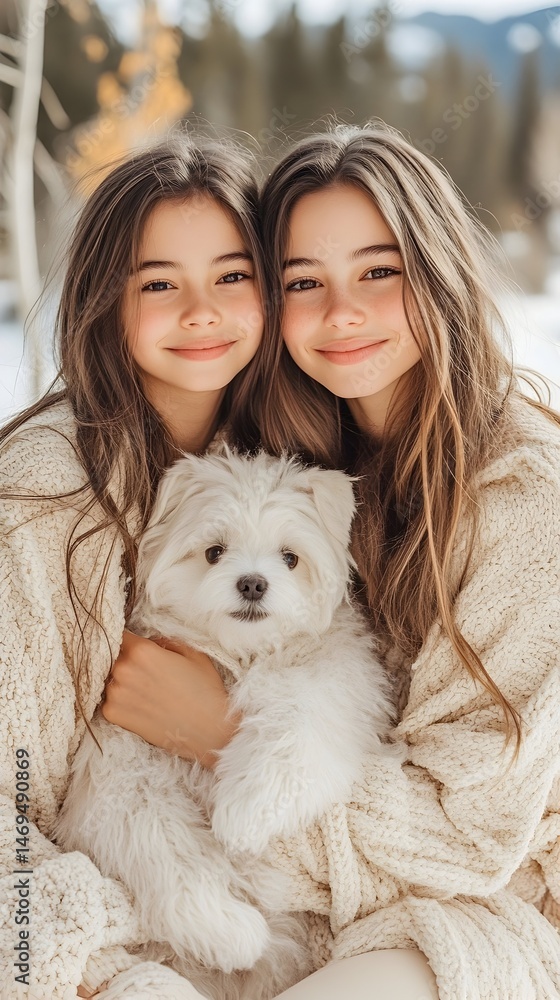 Two smiling sisters in white sweaters hold a white fluffy dog in a snowy forest Two smiling sisters in white sweaters hold a white fluffy dog in a snowy forest