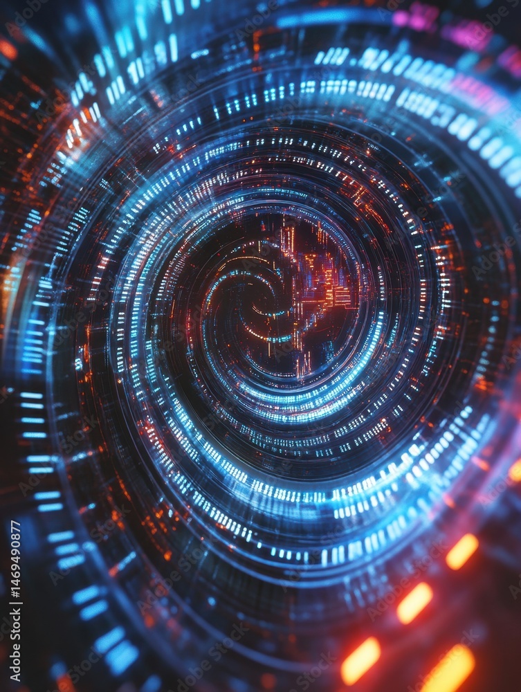 A digital mind forming into a spiral of glowing binary code, neon light patterns, and abstract circuitry A digital mind forming into a spiral of glowing binary code, neon light patterns, and abstract circuitry