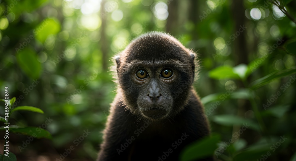 Obraz premium A Curious Stare: Young Monkey in Lush Tropical Forest