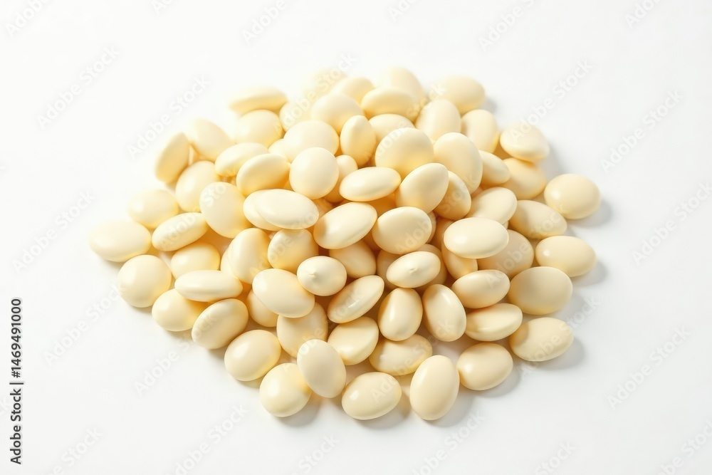 Pile of white beans against stark white backdrop, white background, photography Pile of white beans against stark white backdrop, white background, photography