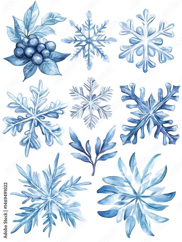 Watercolor illustration of nine snowflakes and two winter berry sprigs on a white background Watercolor illustration of nine snowflakes and two winter berry sprigs on a white background