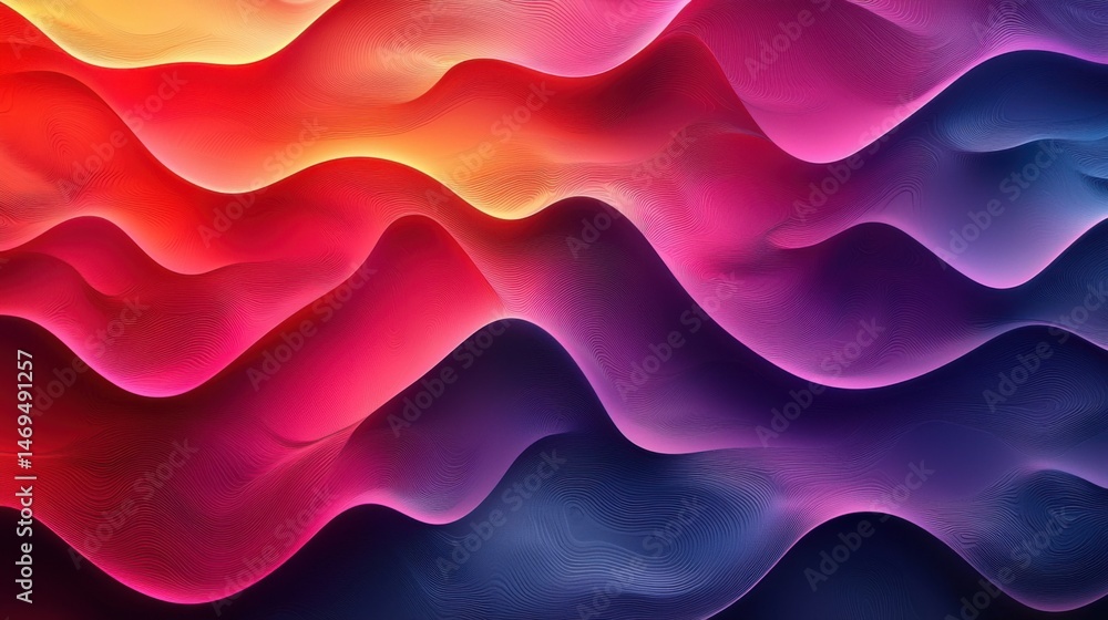 Flowing forms in vibrant colors intertwine, creating a stunning abstract design. The waves blend shades of red, pink, orange, and blue, forming a captivating visual display