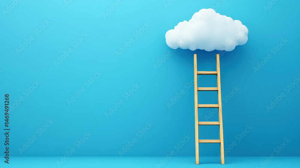 Wooden ladder reaching fluffy white cloud, blue background. Concept of dreams, goals, success, ambition. Generative AI Wooden ladder reaching fluffy white cloud, blue background. Concept of dreams, goals, success, ambition. Generative AI