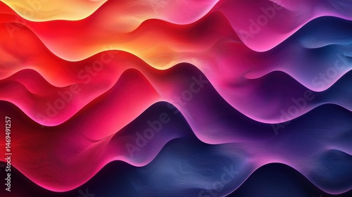 Flowing forms in vibrant colors intertwine, creating a stunning abstract design. The waves blend shades of red, pink, orange, and blue, forming a captivating visual display