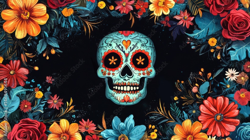 A decorative skull surrounded by an array of colorful flowers symbolizes the traditions of the Day of the Dead