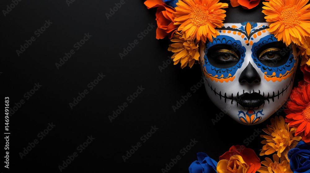 A person adorned with intricate sugar skull makeup and a crown of colorful flowers celebrates Day of the Dead. The contrast against the dark background highlights this festive look