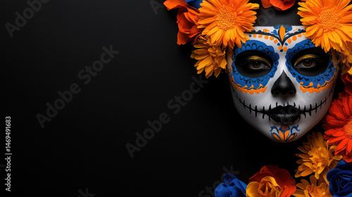 Obraz na płótnie A person adorned with intricate sugar skull makeup and a crown of colorful flowers celebrates Day of the Dead. The contrast against the dark background highlights this festive look w salonie