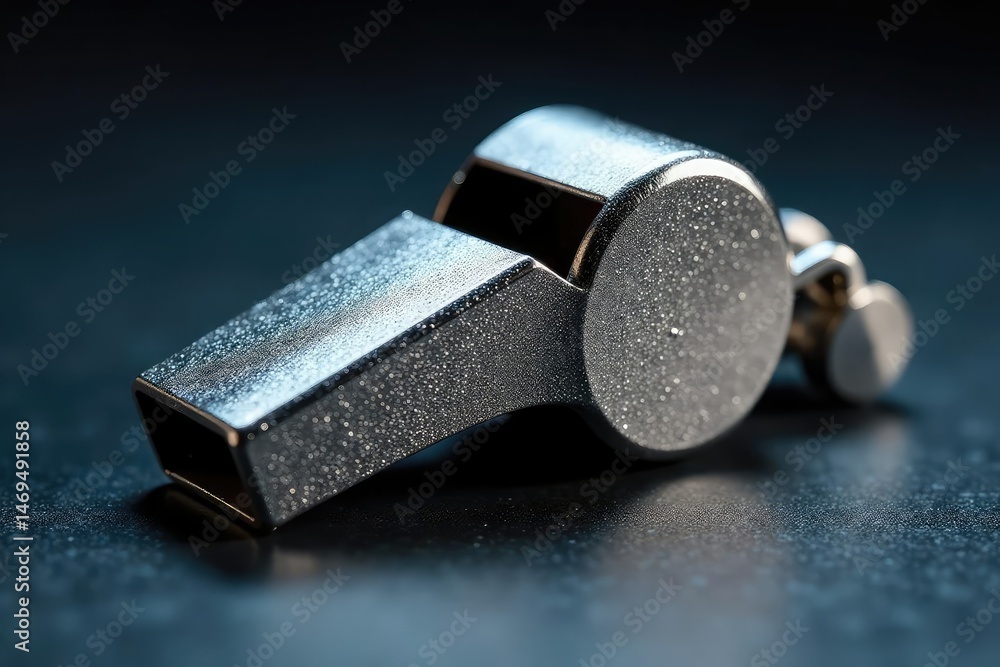 Shiny silver whistle, metallic texture, close-up , gadget, equipment, signal Shiny silver whistle, metallic texture, close-up , gadget, equipment, signal
