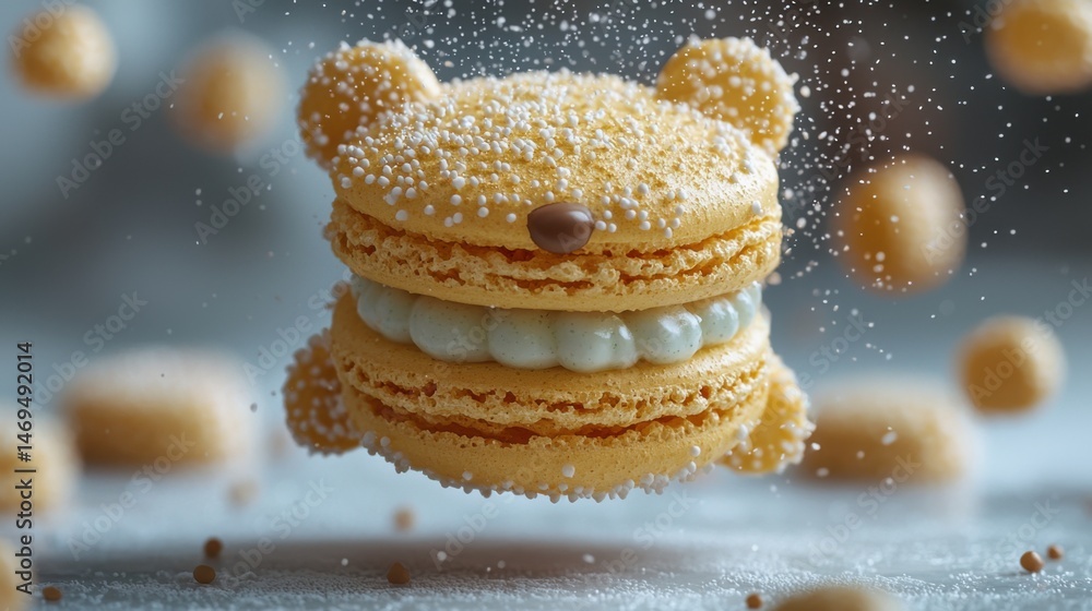A delightful arrangement of teddy bear-shaped macarons floats gracefully, dusted with powdered sugar, creating a whimsical dessert experience that brings joy
