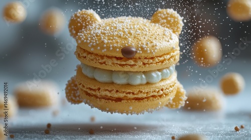 Obraz na płótnie A delightful arrangement of teddy bear-shaped macarons floats gracefully, dusted with powdered sugar, creating a whimsical dessert experience that brings joy w salonie