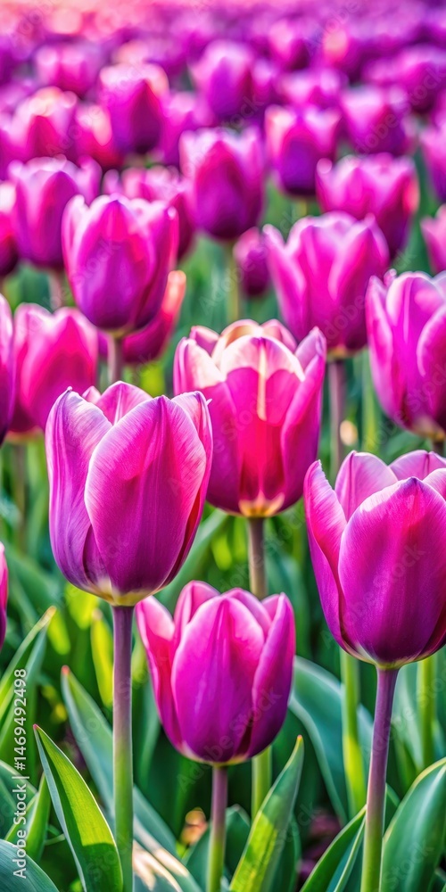 Fototapeta premium A vibrant field of tulips with stunning large pink and purple varieties