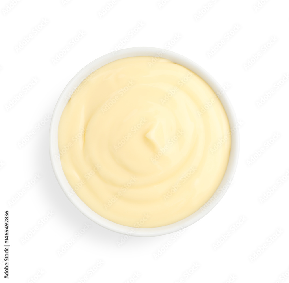 Tasty vanilla pudding in bowl isolated on white, top view Tasty vanilla pudding in bowl isolated on white, top view