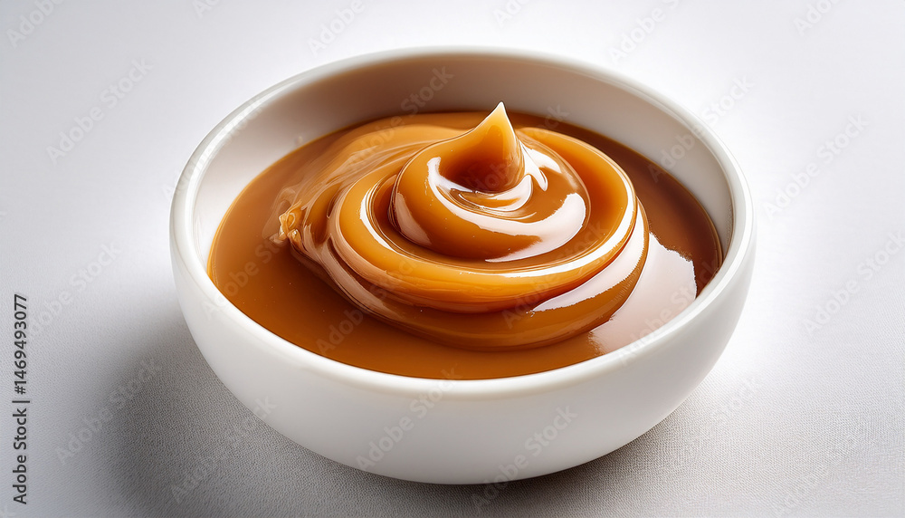 delicious caramel sauce in a white bowl with white background delicious caramel sauce in a white bowl with white background