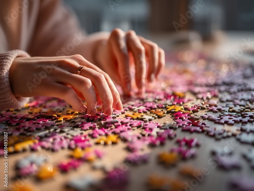 Person's hands assembling a jigsaw puzzle, focusing on colorful pieces