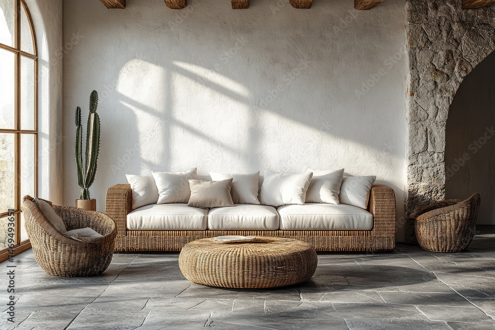 Obraz premium Beige, wicker furniture arrangement in a sunlit interior.