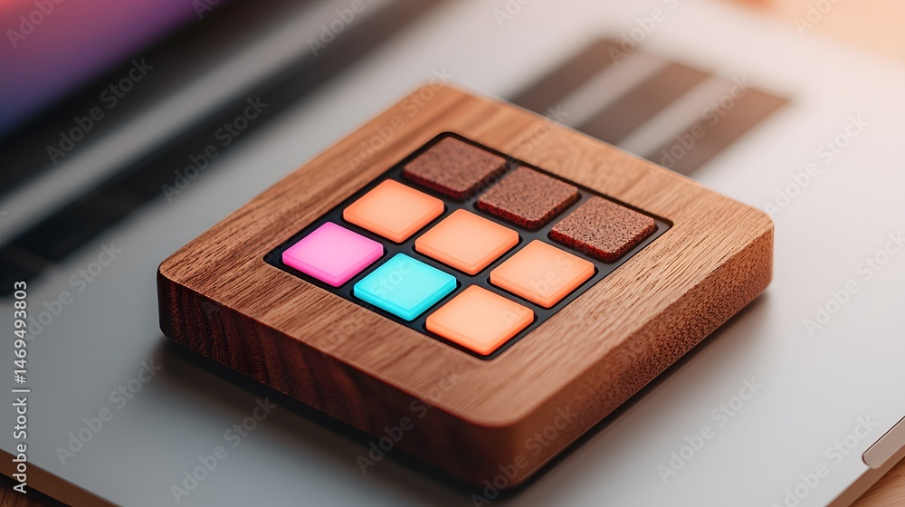 Wooden MIDI Controller with Illuminated Buttons on a Workspace Wooden MIDI Controller with Illuminated Buttons on a Workspace