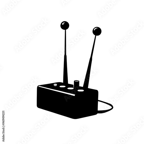 Minimalist black silhouette of a theremin against a white background