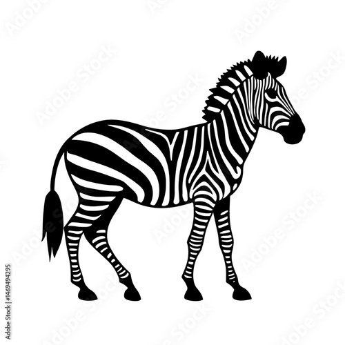 Minimalist black silhouette of a zebra with bold stripes on white background
